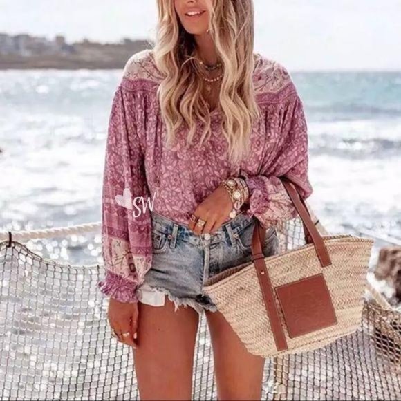 Tops - Gypsy boho print blouse purple long sleeve